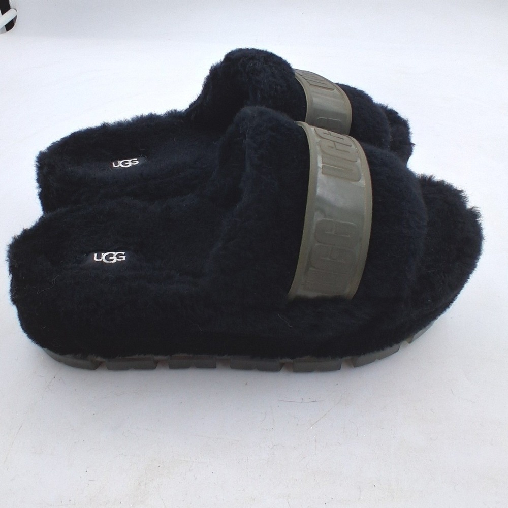 UGG FLUFFITA CLEAR PLATFORM SLIDE WOOL SLIPPER SANDAL BLACK WOMEN US 10